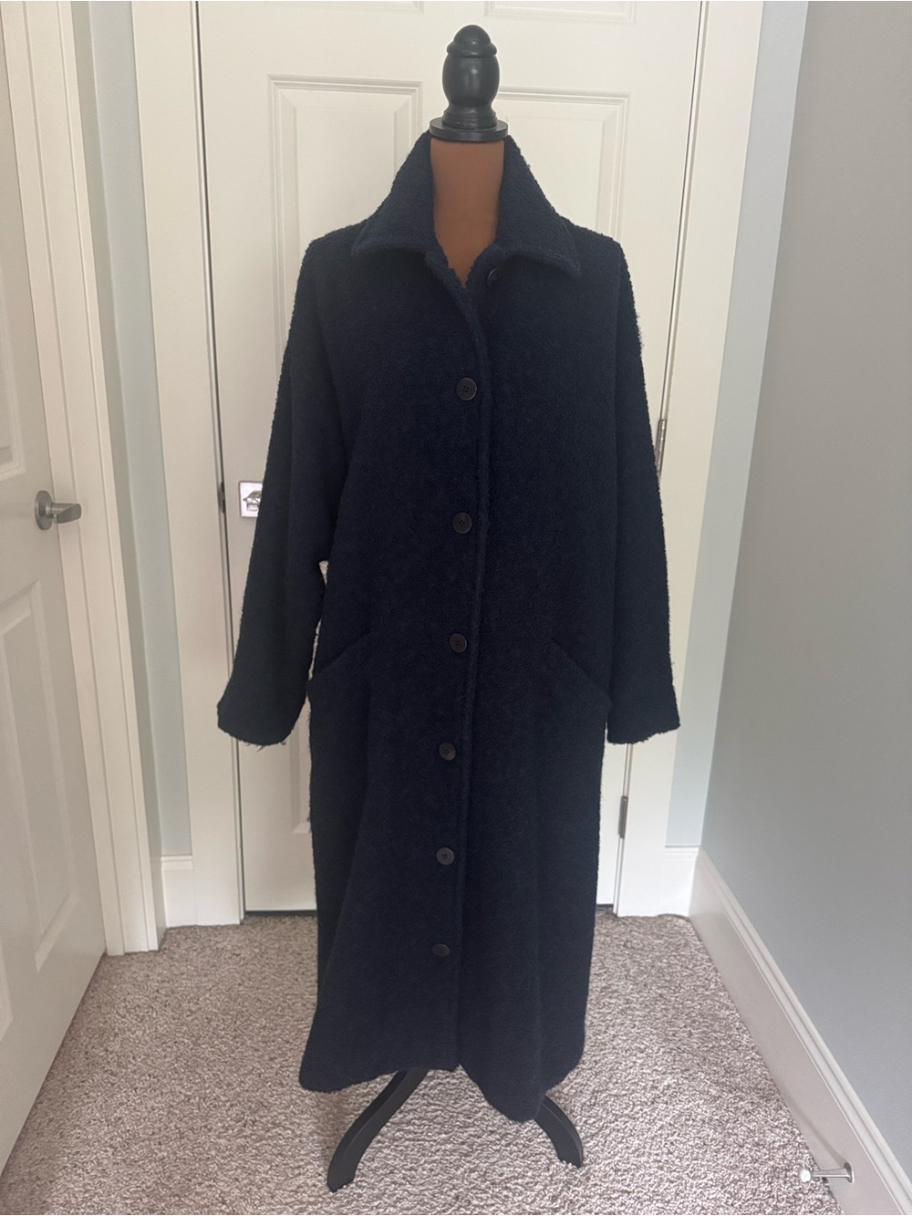 Eileen Fisher Maxi Black Heavy Warm Coat in Loopy Boucle M